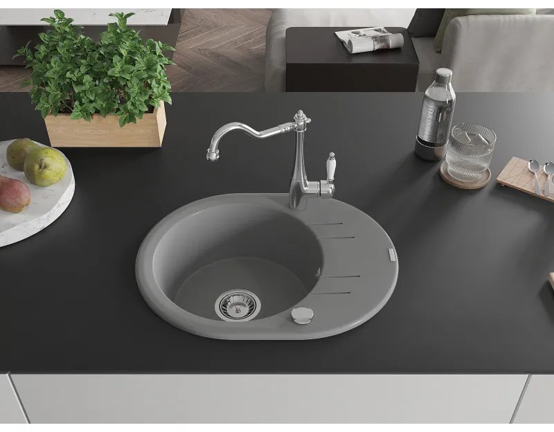 Mexen Kevin, drez granitový 586x458x190 mm, 1-komorový a drezová batéria Carla, šedá, 6517-71-670700-00