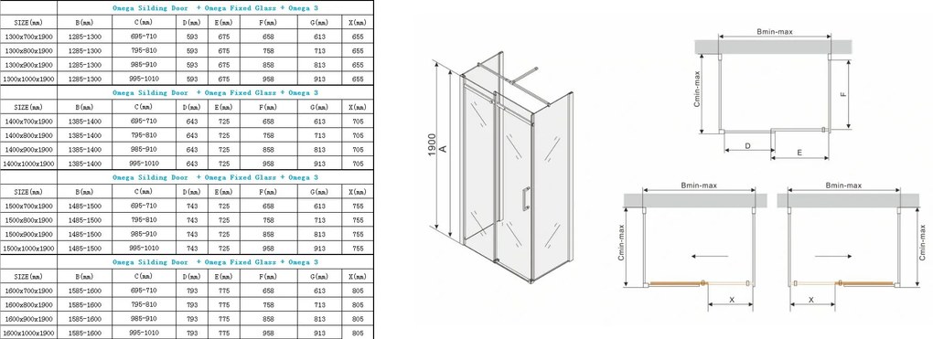 Mexen OMEGA 3-stenný sprchovací kút 140x80cm, 8mm sklo, chrómový profil-číre sklo, 825-140-080-03-00