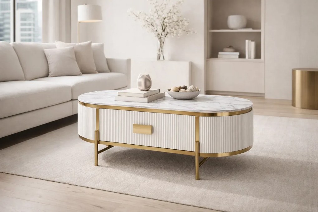 Konferenční stolek Stilig ST380C 124 cm zlatý/bílý mramor