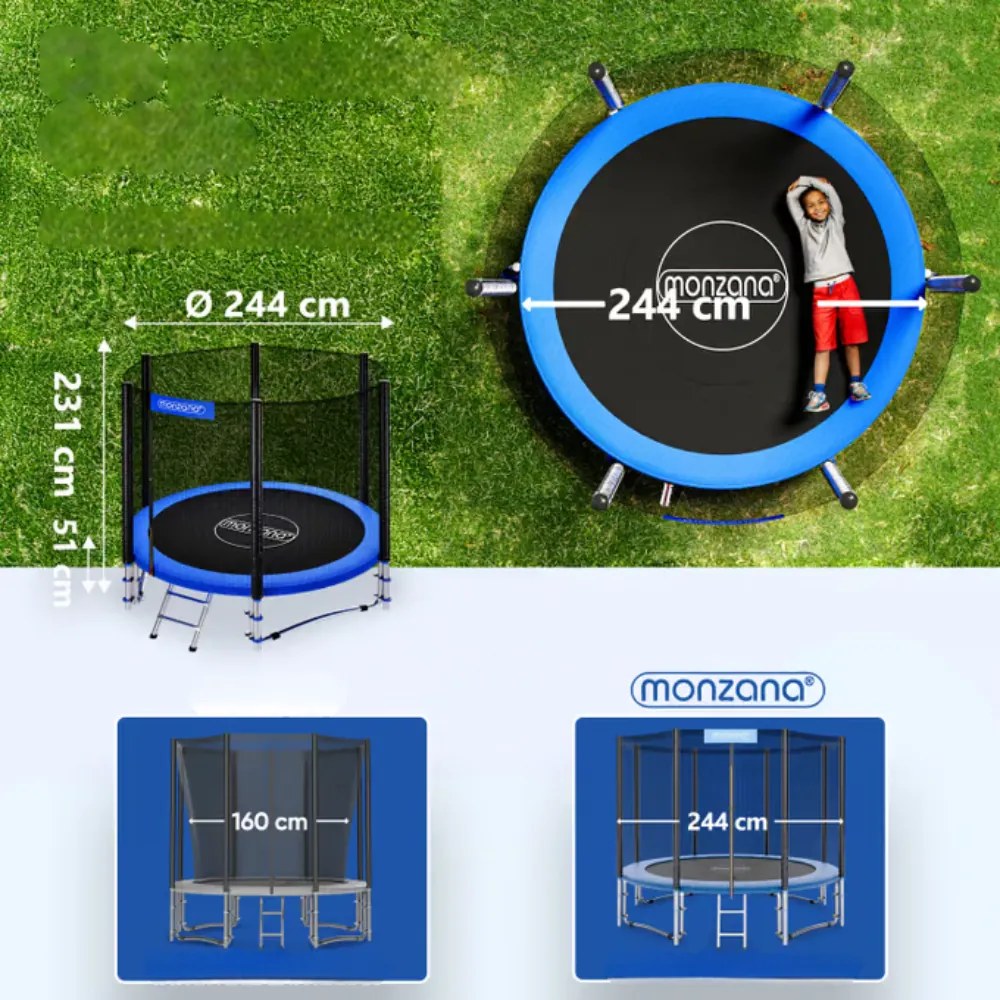 Trampolína s bezpečnostnou sieťou JUMP, Ø244cm, čierna/modrá Monzana