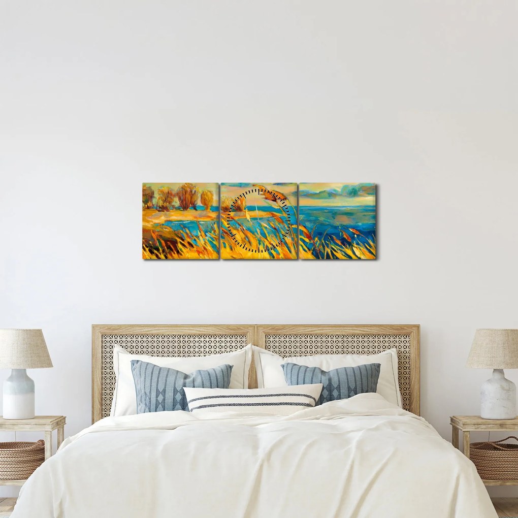 Obraz - Západajúce slnko nad jazerom, akrylová maľba (s hodinami) (90x30 cm)