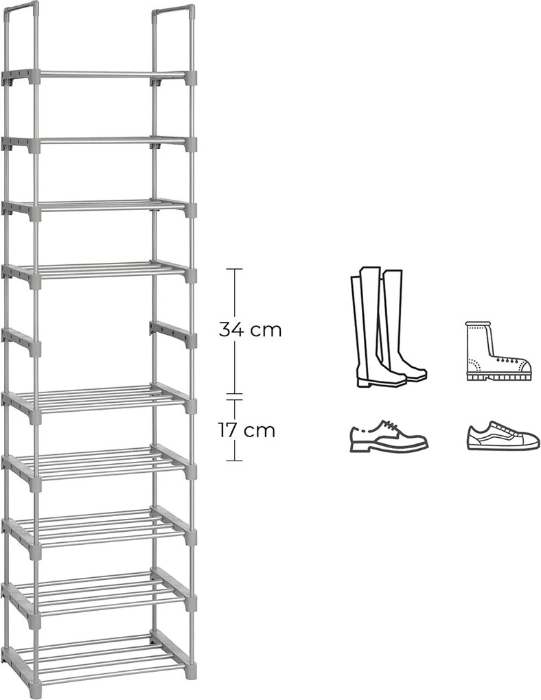 Veľký 10-policový kovový stojan na topánky, botník, sivý