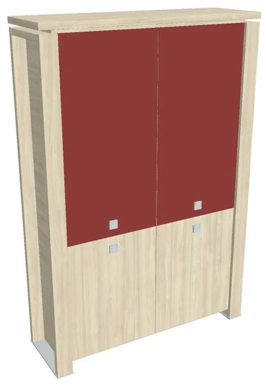 Vysoká skriňa Verno+ 140 x 46 x 210 cm, kombinované dvere, agát / červená