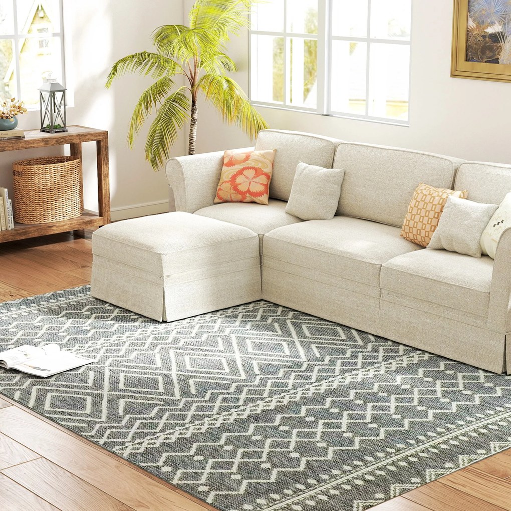 HOMCOM Umývateľný protišmykový koberec s plochým tkaním a boho dizajnom pre terasu, balkón, obývačku a kuchyňu, 170 x 120 cm, Šedý | Aosom