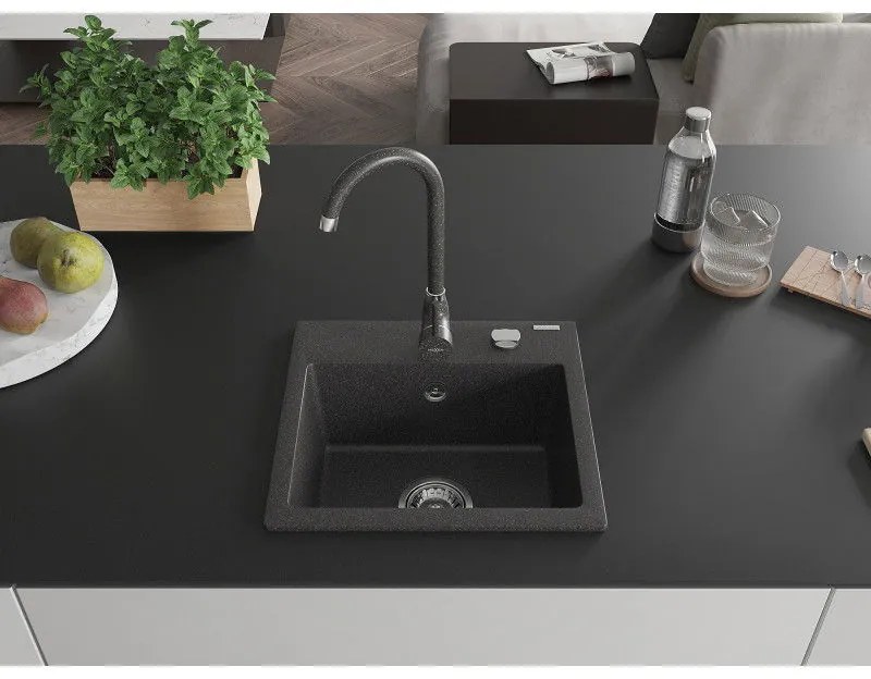 Mexen Milo, 1-komorový granitový drez 43,5x41 cm a kuchynská batéria Telma, čierna-škvrnitá, 6505-76-670200-76