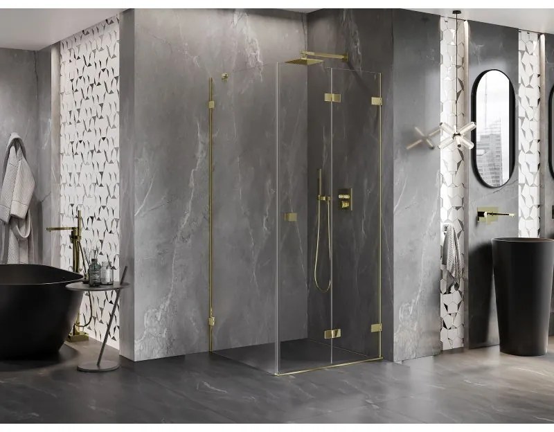 Mexen Lunar-F, 1-krídlový sprchový kút so skladacími dverami, pravý, 90 x 90 cm, 8mm číre sklo, zlatý lesklý profil, 836-090-090-50-00-P