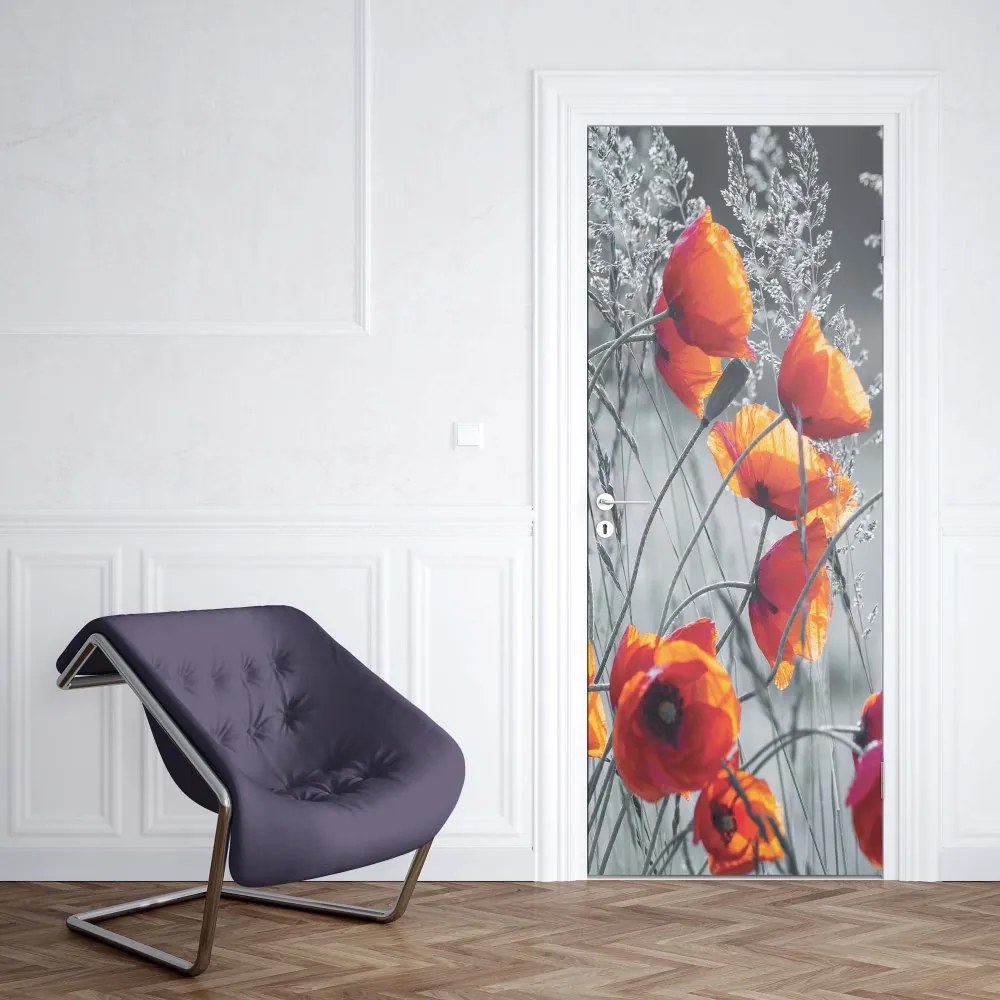 GLIX Fototapeta na dvere - Orange Poppies Black And White