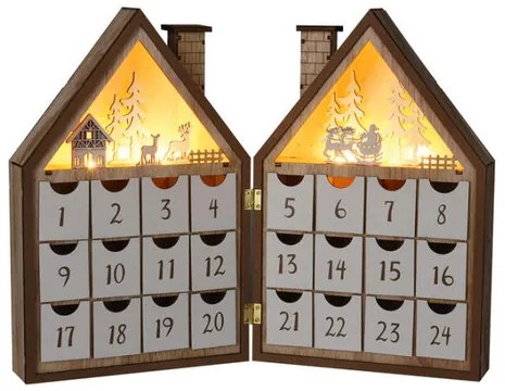 LED Drevený adventný kalendár Vianočný dom, 8x LED, 19 cm, 2x AAA