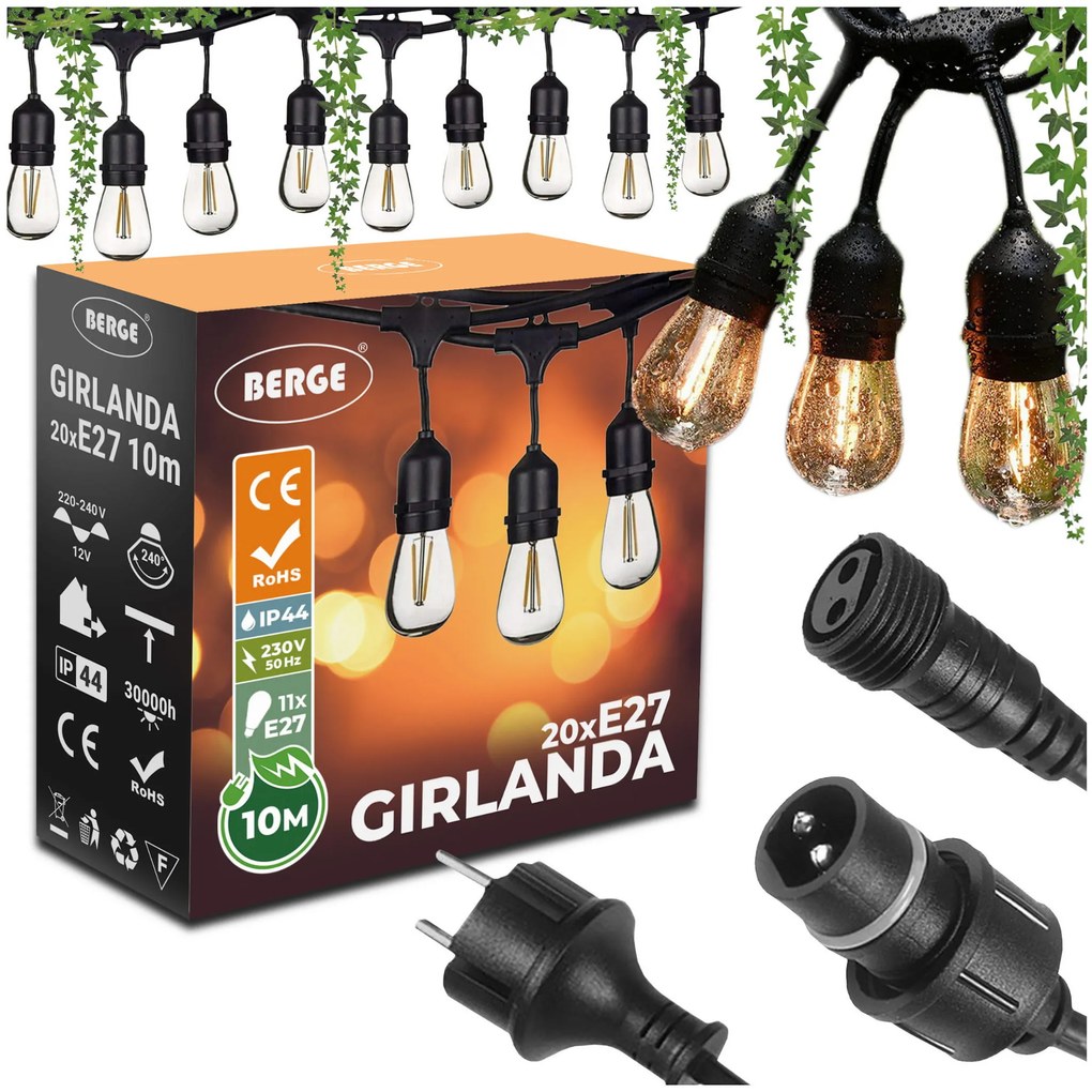BERGE Záhradná girlanda 10m + 20x 1W LED žiarovka