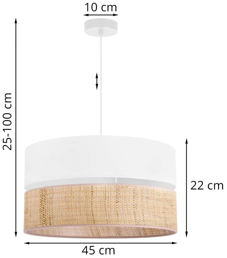 Závesné svietidlo Rattan, 1x ratanové/biele textilné tienidlo, (fi 45cm)