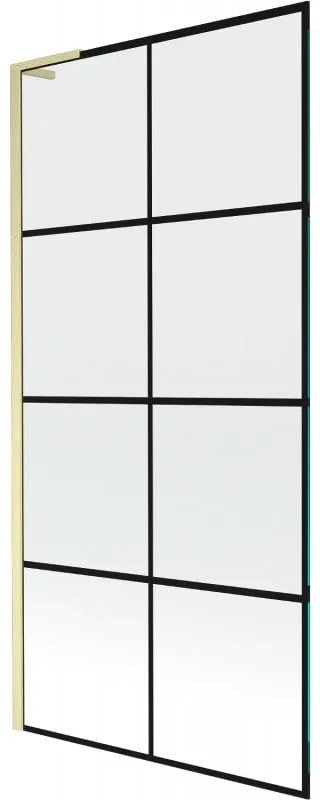Mexen Next L, 1-krídlová vaňová zástena 90 x 150 cm, 6mm číre sklo-čierny vzor, zlatý matný profil, 895-090-000-03-77-55