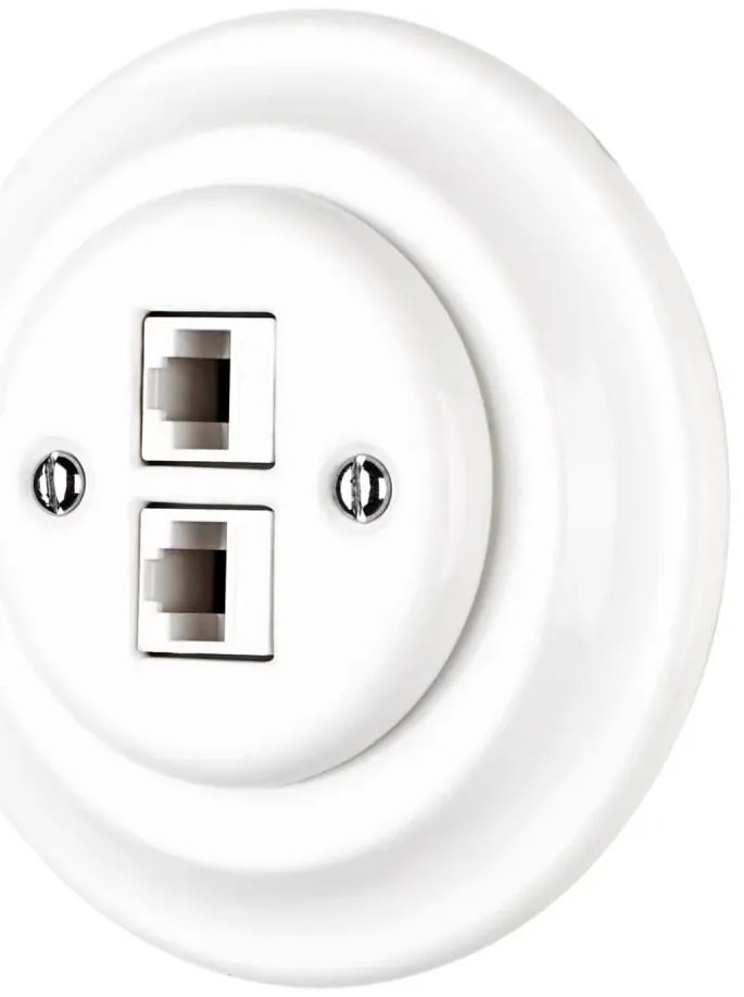 Bohemia-Design - Porcelánová retro ethernetová zásuvka s rámčekom 2x CAT.5E biela