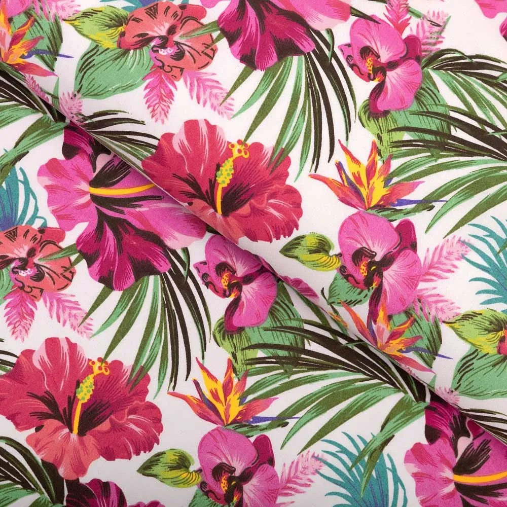 Biante Bavlnený behúň na stôl Sandra SA-555 Ružovo-červené havajské kvety na bielom 35x160 cm