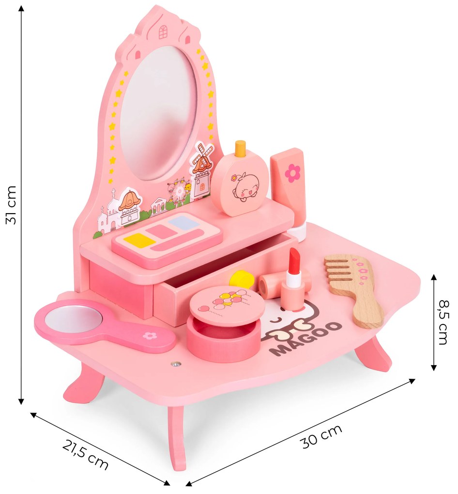 Detský drevený toaletný stolík so zrkadlom a zásuvkou 7 doplnkov ECOTOYS