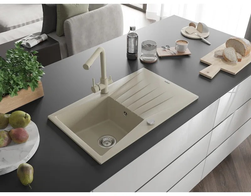 Mexen Cesar, granitový drez 775x470x190 mm, 1-komorový a béžová batéria Duero, béžová, 6514-69-671600-69