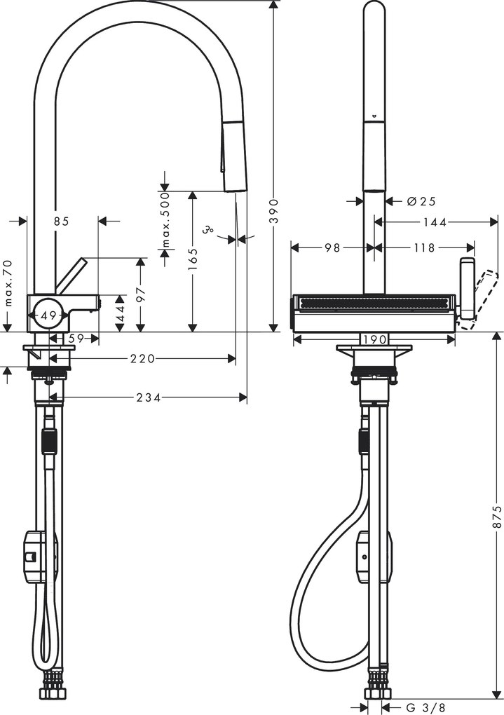 Hansgrohe Aquno Select M81, páková kuchynská batéria 170, vyťahovateľná sprška, 3jet, čierna matná, HAN-73837670