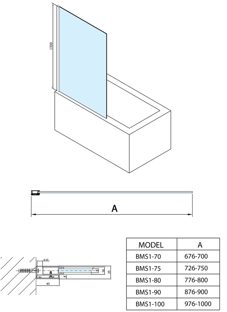 Polysan, MODULAR SHOWER vaňová zástena 750x1500mm, číre sklo, BMS1-75