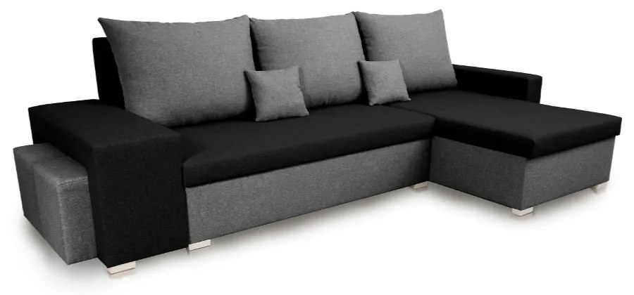 Rozkládací rohová sedací souprava PETR Černá/Šedá + 2 Taburety