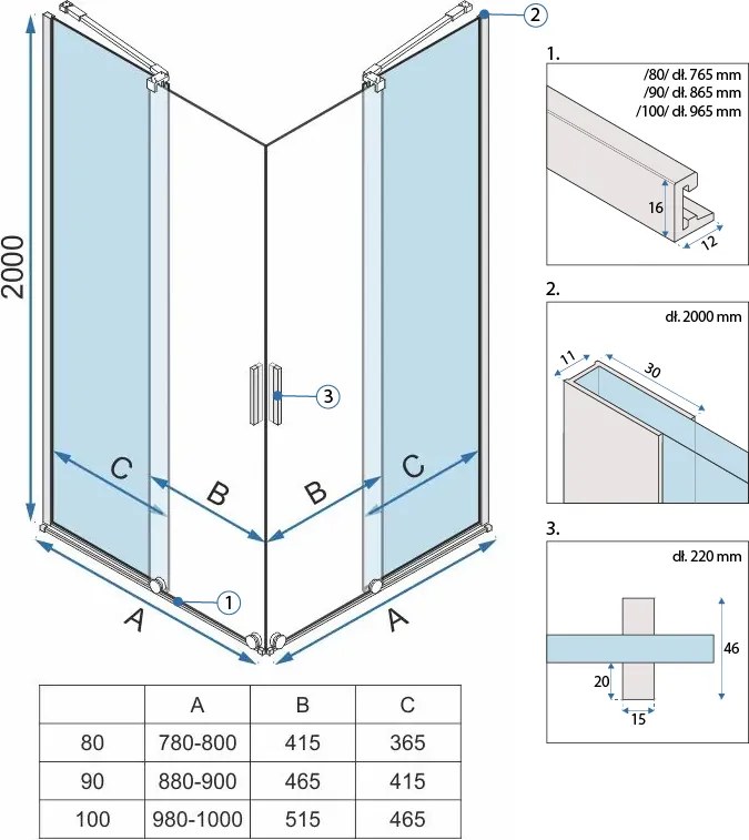Štvorcový sprchový kút REA MONTANA DOUBLE 80x80, zlatý kartáčovaný/transparent - bez vaničky