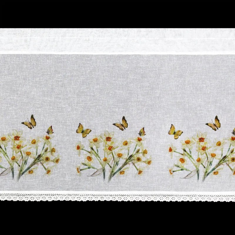Dekorstudio Kuchynská záclonka FLORA s potlačou narcisov a čipkou 150x60cm