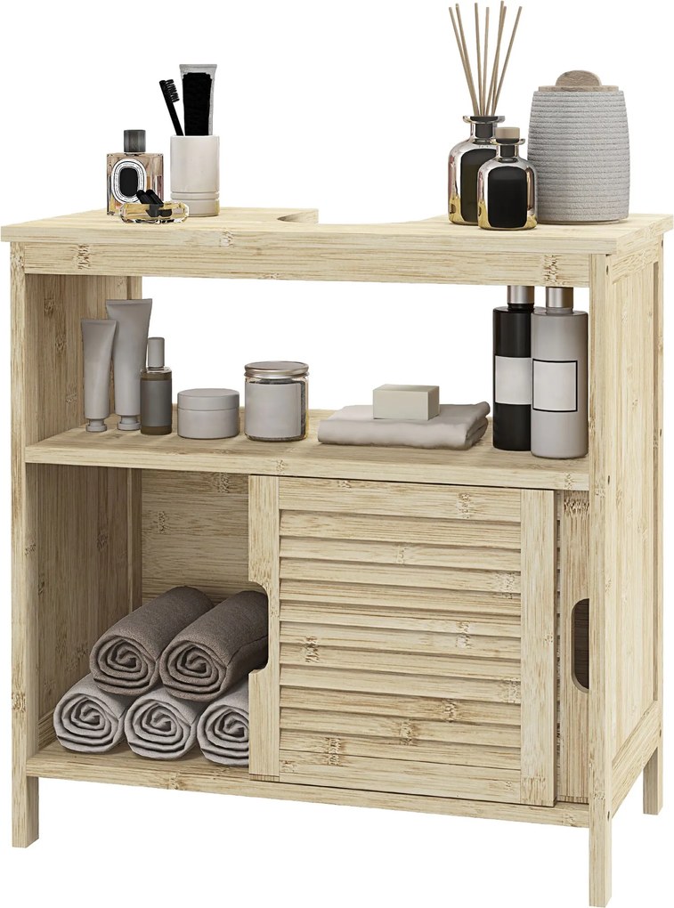 HOMCOM Bambu Kabinet pod umývadlo, kúpeľňový úložný kabinet s 2 posuvnými dverami, 60 x 30 x 60 cm, prírodné drevo | Aosom