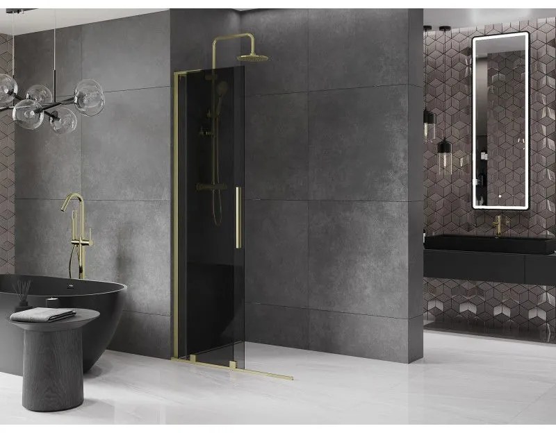 Mexen Velar L, posuvná sprchová zástena Walk-in 120 x 200 cm, 8mm šedé sklo, zlatá matná, 871-120-003-43-55