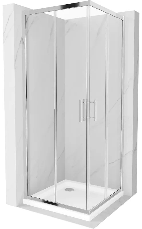 Mexen Rio, štvorcový sprchovací kút s posuvnými dverami 70(dvere) x 70(dvere) x 190 cm, 6mm číre sklo, chrómový profil + biela sprchová vanička SLIM, 860-070-070-01-00-4010