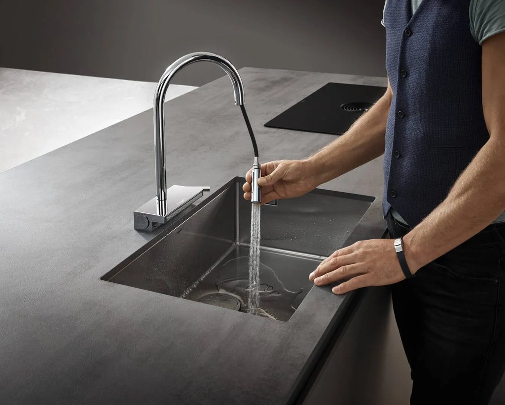 Hansgrohe M81, drezová batéria Aquno Select s výsuvnou koncovkou a plochým sprchovým prúdom, chrómová, HAN-73837000