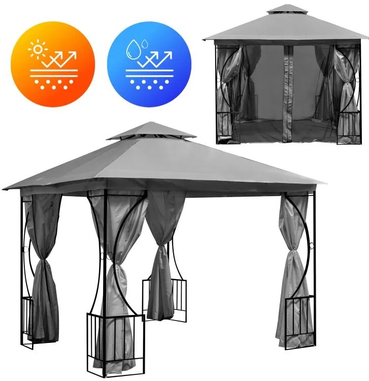 Luxusný záhradný pavilón 3x3x2,8 m - sivý - moskytiéra + plné steny