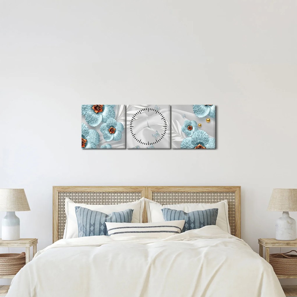 Obraz - 3D modré kvety (s hodinami) (90x30 cm)