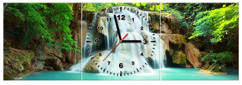 Gario Obraz s hodinami Vodopád v Thajsku - 3 dielny Rozmery: 90 x 30 cm