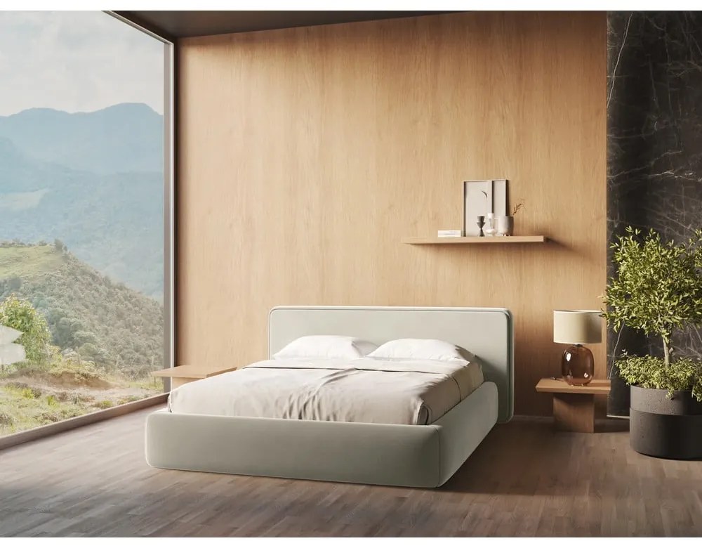 Krémovobiela čalúnená dvojlôžková posteľ s úložným priestorom s roštom 180x200 cm Kiana – Makamii