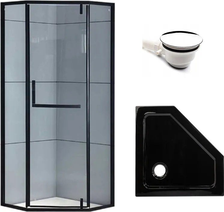 BPS-koupelny Päťuholníkový sprchový kút HYD-PK4026B 90x90 čierna/transparent + vanička HYD-PSV-ST07B čierna