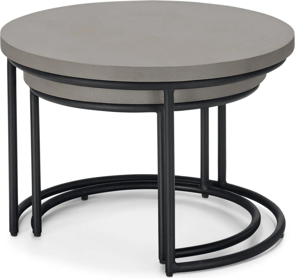 2 záhradné konferenčné stolíky s polycementovou doskou, priemer cca 50 cm a 60 cm