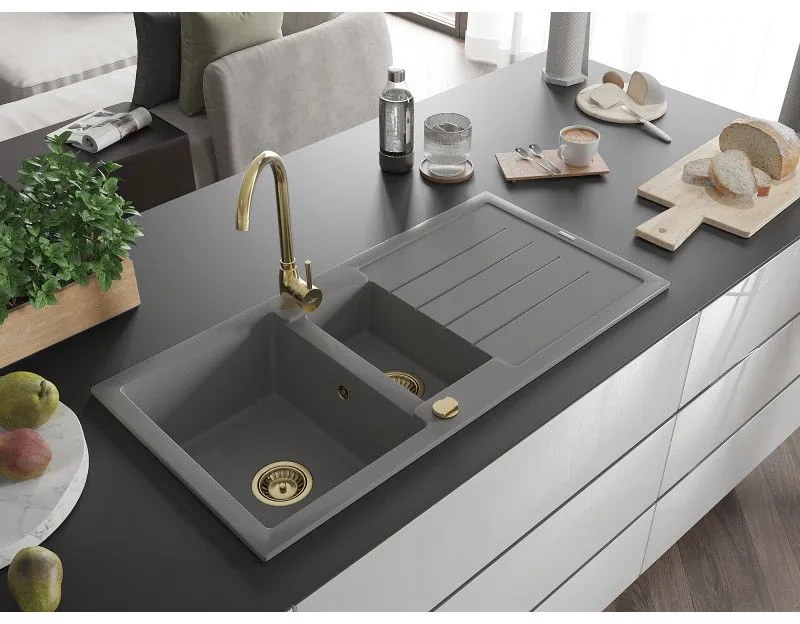 Mexen Andres, granitový drez 1000x500x200 mm, 1,5-komorový, šedá so zlatým sifónom a zlatá drezová batéria Telma, 6515-71-670200-50