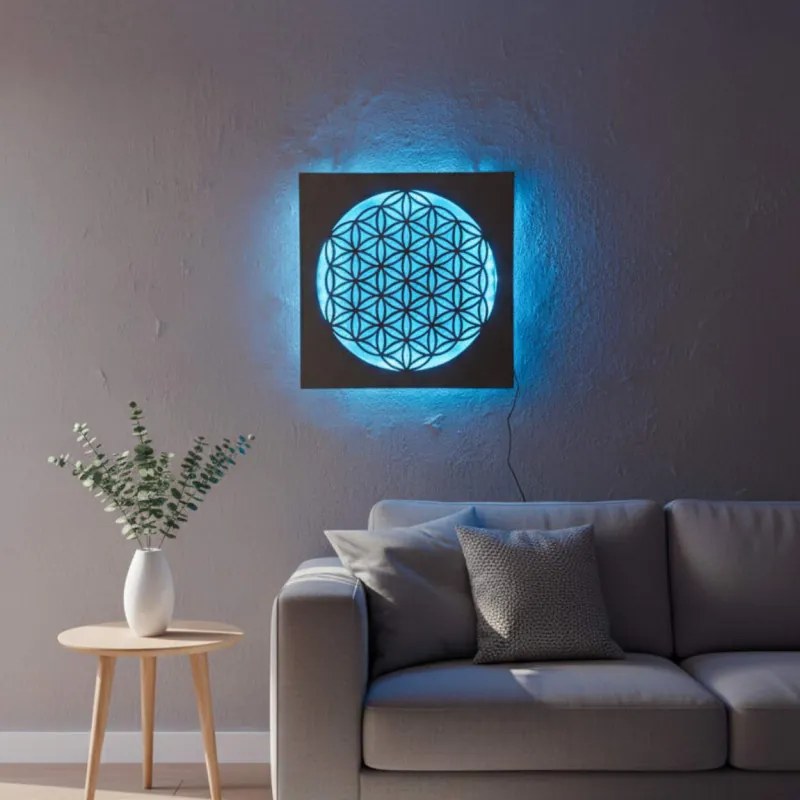 Drevená mandala Kvet života s LED podsvietením obraz na stenu  | SENTOP LED0198