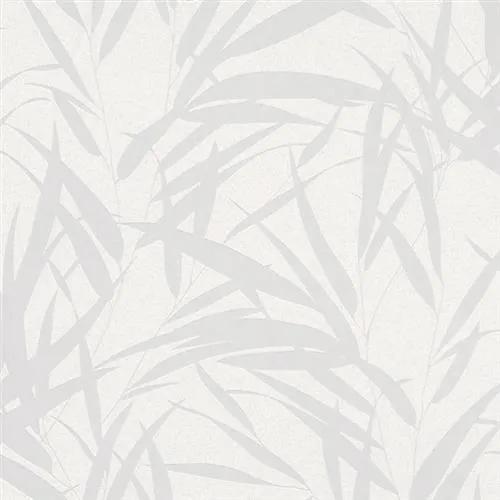 Vliesové tapety na stenu Ella 6753-10, bambusové listy strieborné na bielej textilnej štruktúre, rozmer 10,05 m x 0,53 m, Novamur 82051