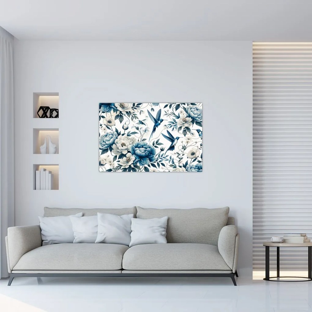 Obraz - Kolibríky s kvetmi (90x60 cm)