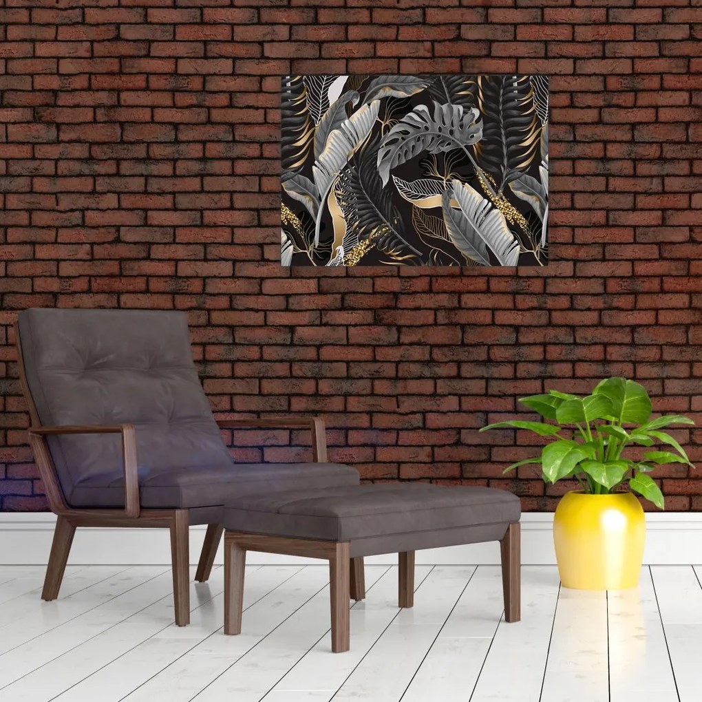 Sklenený obraz - Tropické listy v čierno-zlatej (70x50 cm)