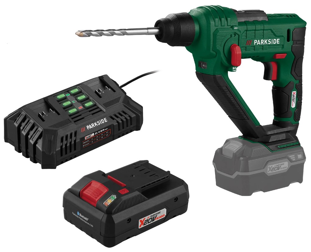 Parkside®  Aku vŕtacie kladivo Pabh 20-Li D4 + Smart akumulátor 20 V/4 Ah + Dvojitá nabíjačka na akumulátor 20 V/2x 4,5 A  (800011785)