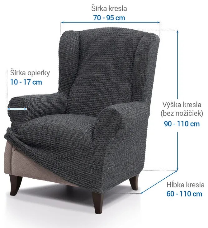 Super strečové poťahy RUBINIA antracitová kreslo ušiak (š. 70 - 95 cm)