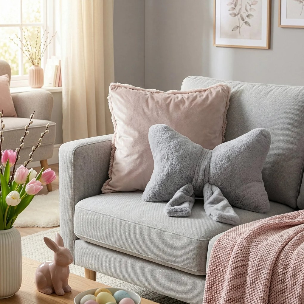 DEKORAČNÝ VANKÚŠ BOW 37X30 CM STRIEBORNÁ