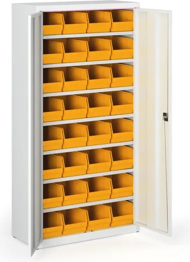 Skriňa s plastovými boxami BASIC - 1800 x 400 x 920 mm, 32xC, sivá / sivé dvere