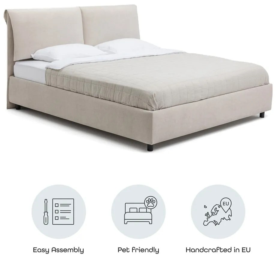 Béžová čalúnená dvojlôžková posteľ s úložným priestorom s roštom 180x200 cm Myra Pillow – Bonami Selection