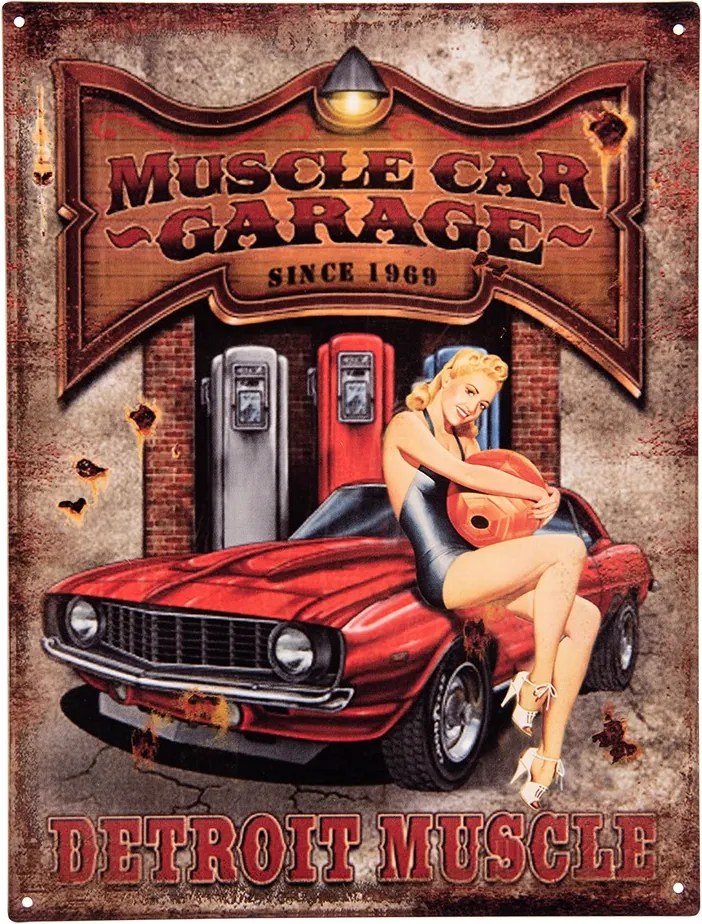 Antik nástenná kovová ceduľa Muscle Car Garage - 25*1*33 cm