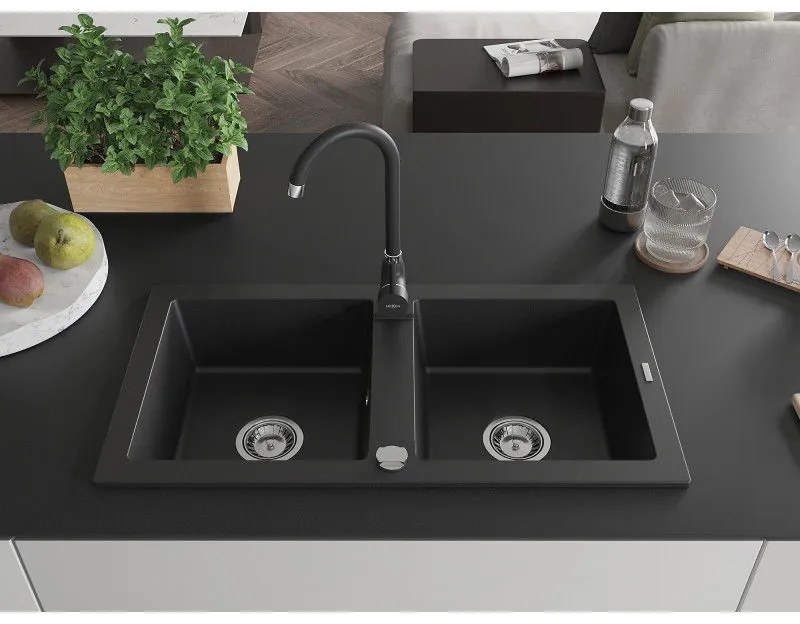 Mexen Mario, 2-komorový granitový drez 82x44 cm s kuchynskou batériou Telma, čierna, 6504-77-670200-70