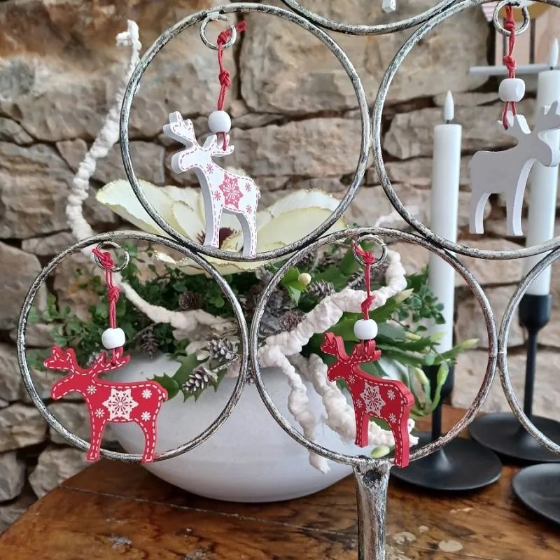 DECOLED Dřevěný sob, 5x6 cm, červený a bílý, 12ks/bal.