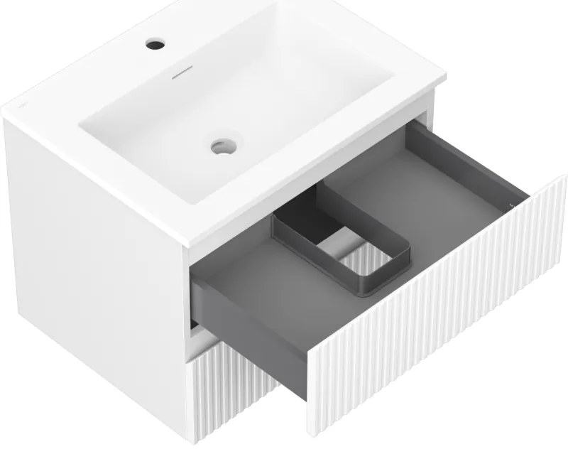 Mexen Rivel, kúpeľňová skrinka 60 cm s umývadlom Otis, 2 zásuvky, drážkovaná, biela matná, 91A20-06047-2-BFF01-W18M01
