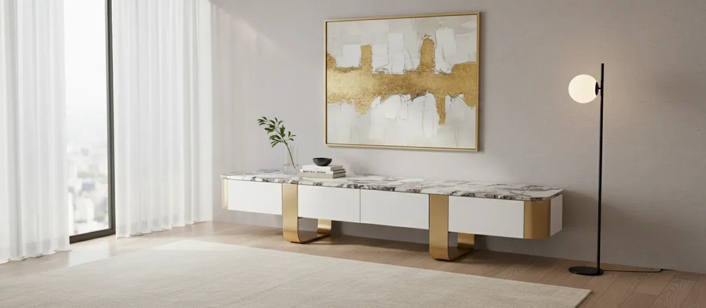 TV stolek Stilig ST922 200 cm bílý/zlatý/mramor