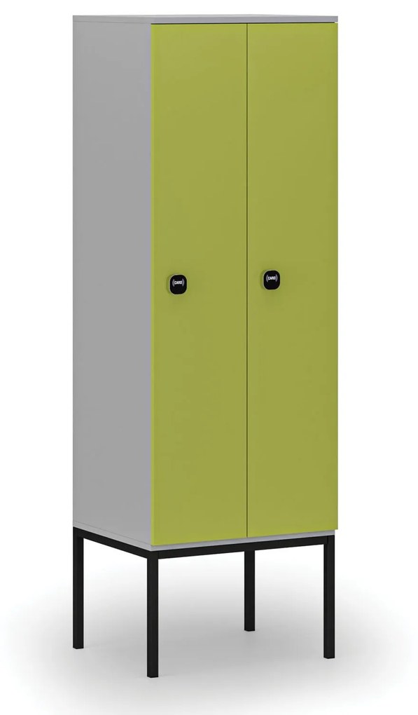 Drevená šatníková skrinka s podnožou, 2 oddiely, 1871 x 600 x 500 mm, RFID zámok, sivá/zelená